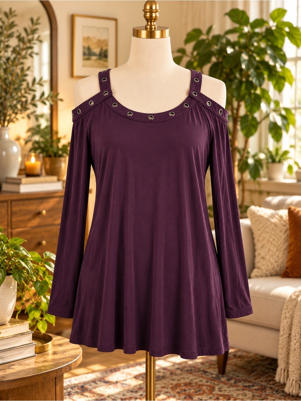 Rock & Republic Plum Cold-Shoulder Grommet Swing Tunic